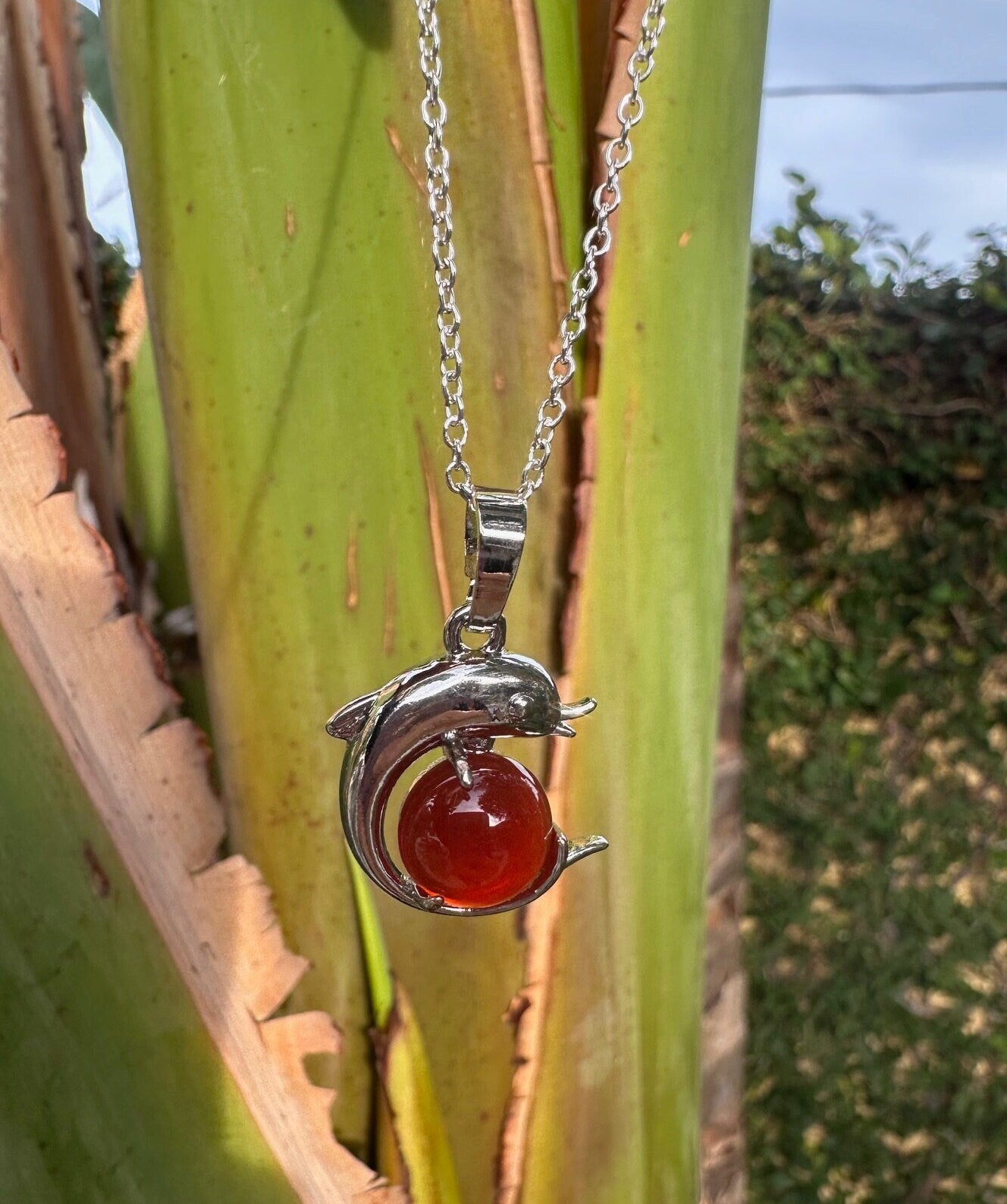 Red Agate Dolphin Pendant Necklace