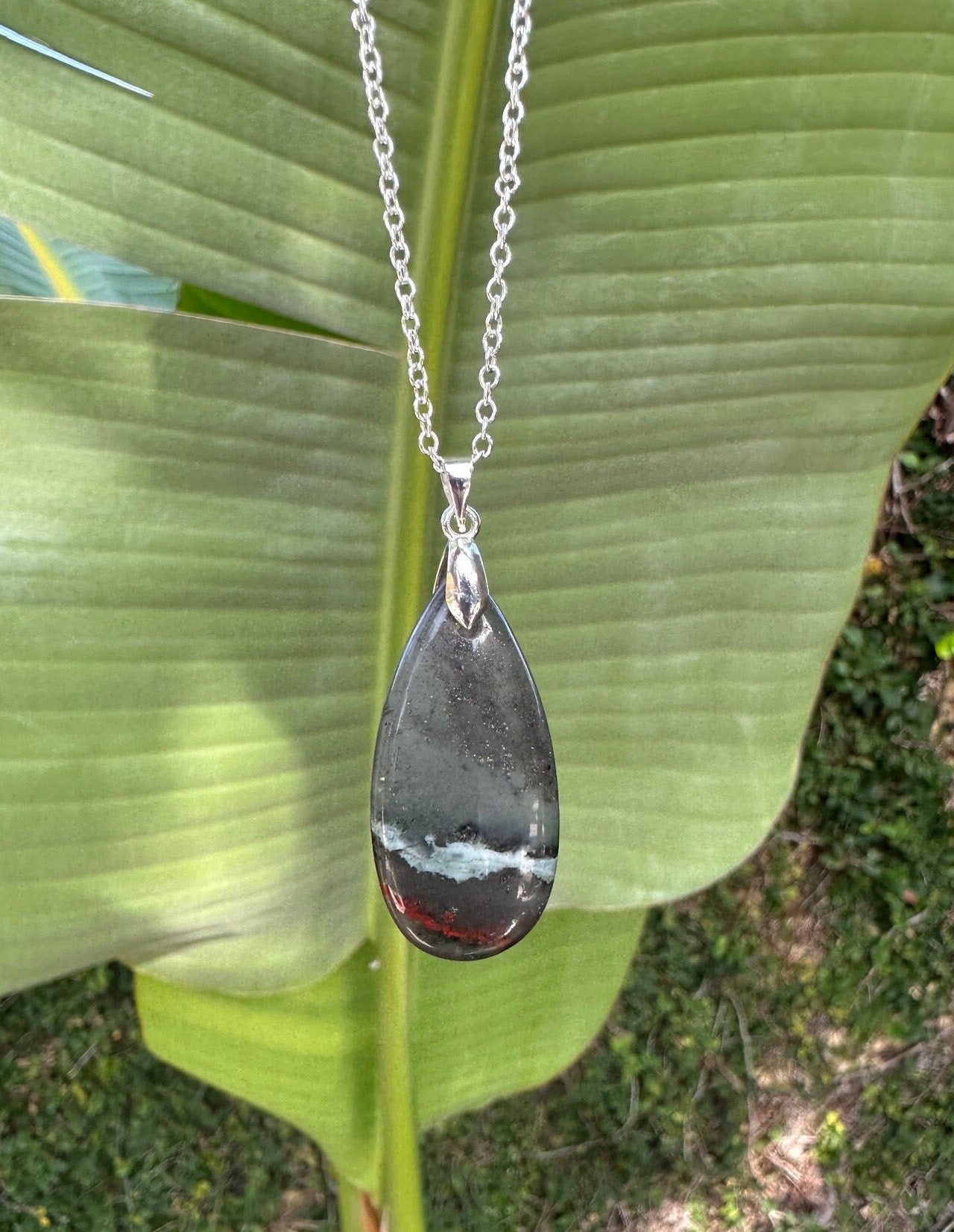 African Bloodstone Teardrop Pendant Necklace