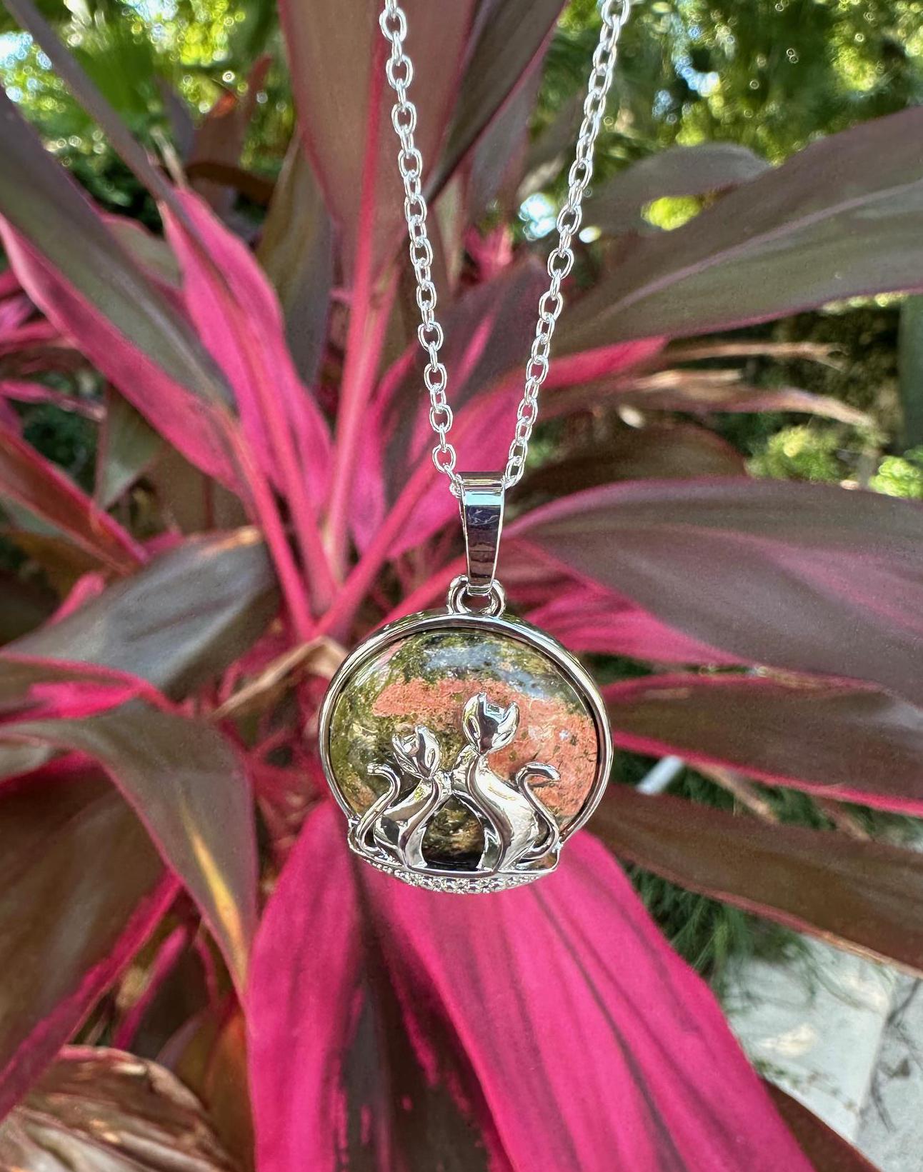 Unakite Cat Love Pendant Necklace