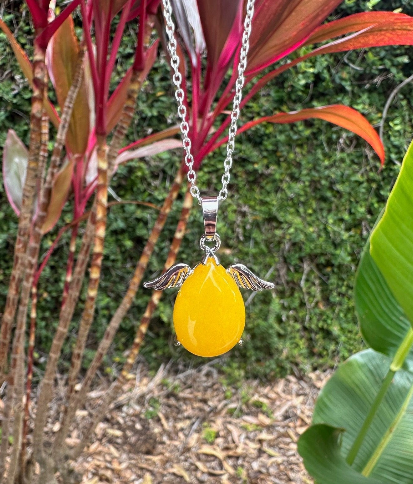 Dyed Yellow Jade Angelic Egg Pendant Necklace
