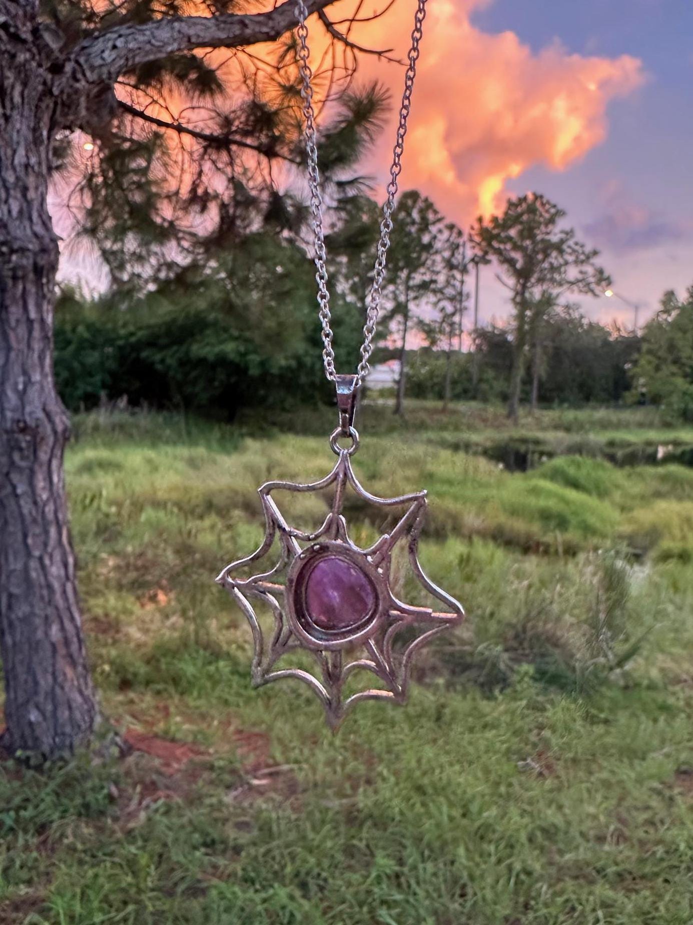 Amethyst Spider Web Pendant Necklace