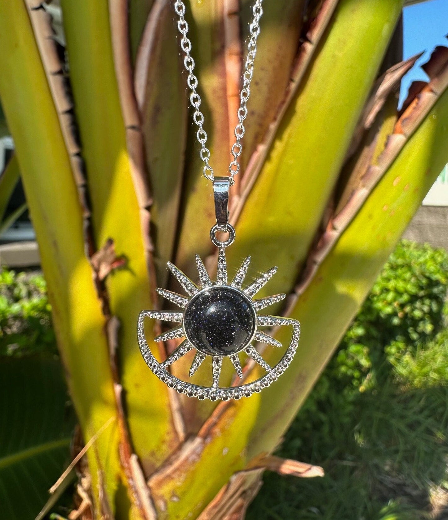Blue Goldstone Sun Moon Pendant Necklace