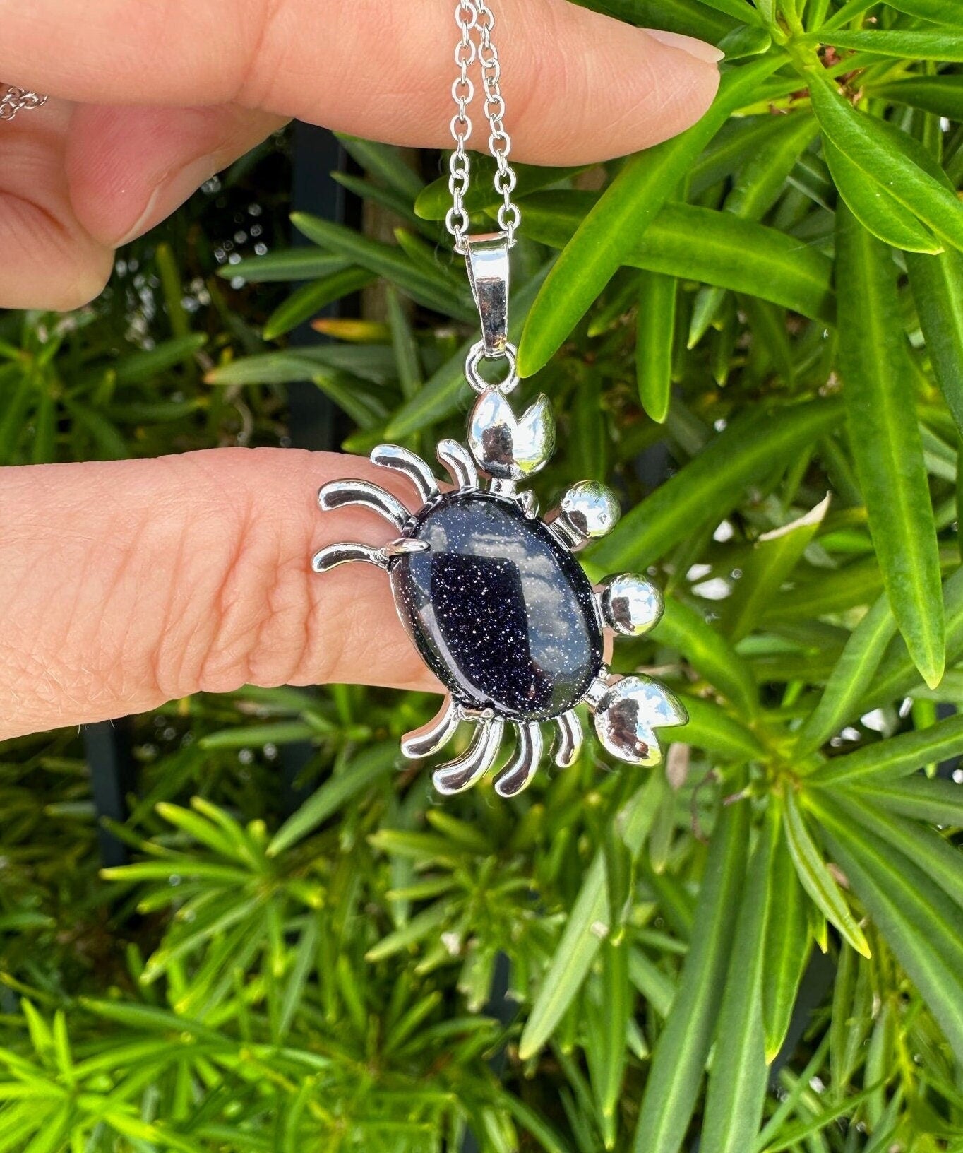 Blue Goldstone Crab Pendant Necklace