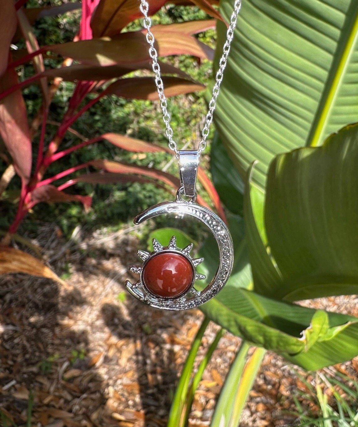 Red Jasper Crescent Sun Pendant Necklace