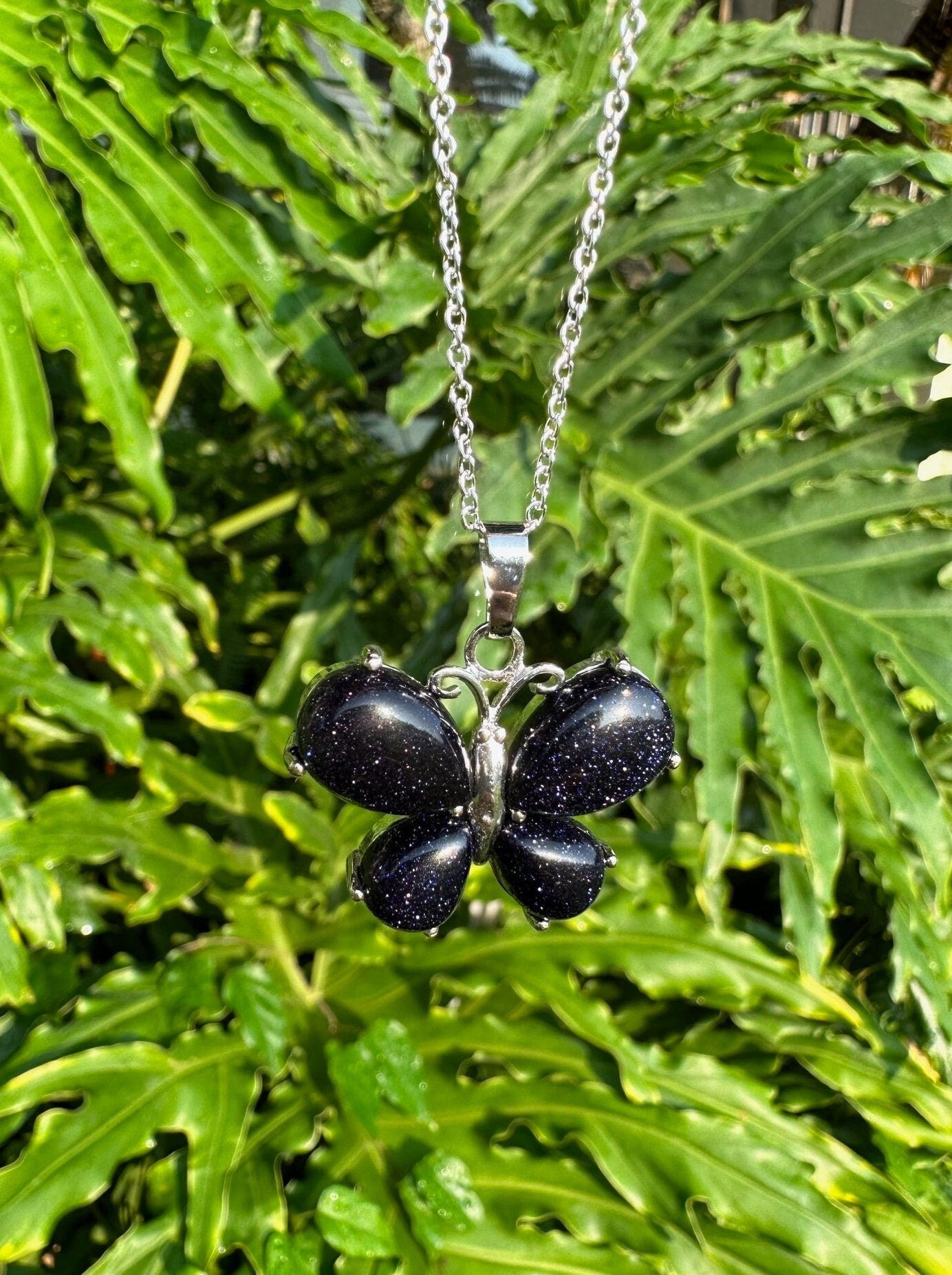 Blue Goldstone Butterfly Pendant Necklace