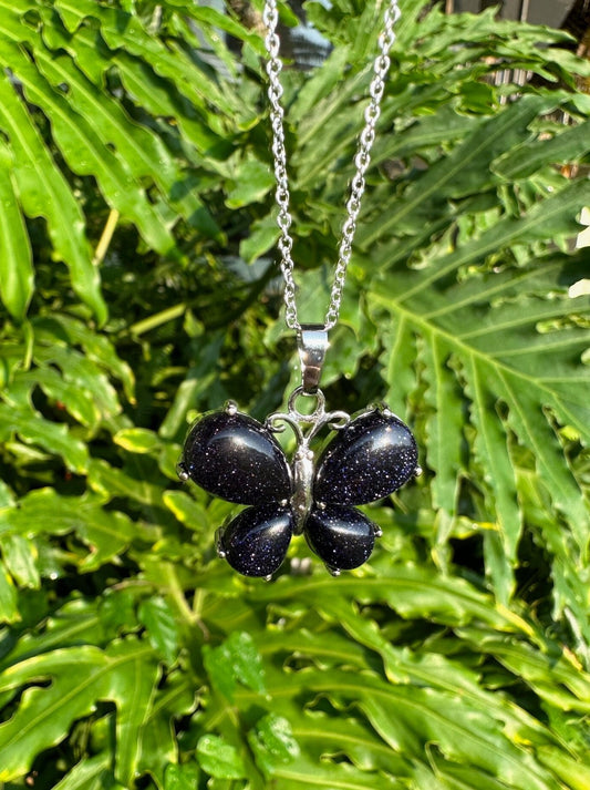 Blue Goldstone Butterfly Pendant Necklace