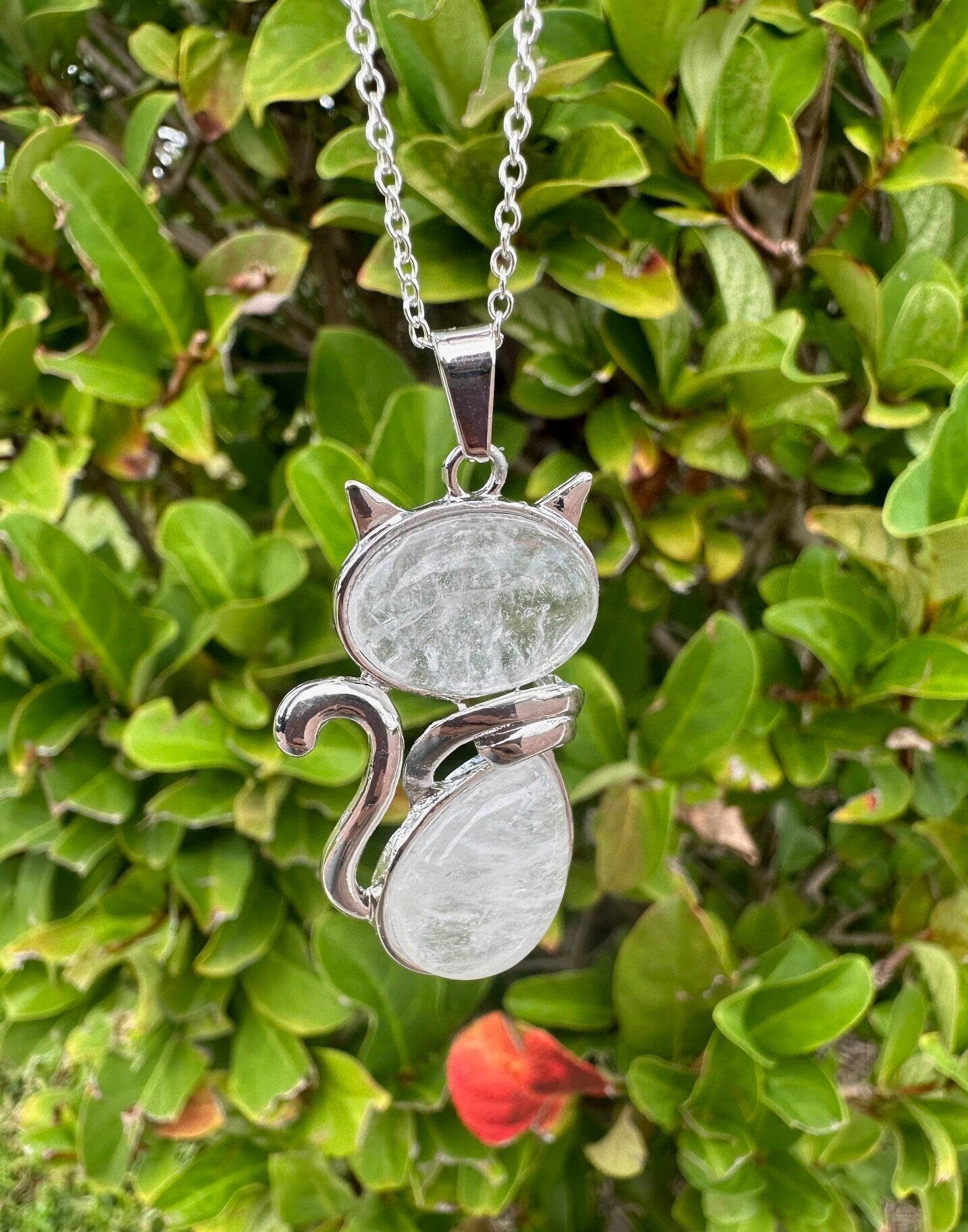 Large Clear Quartz Cat Pendant Necklace
