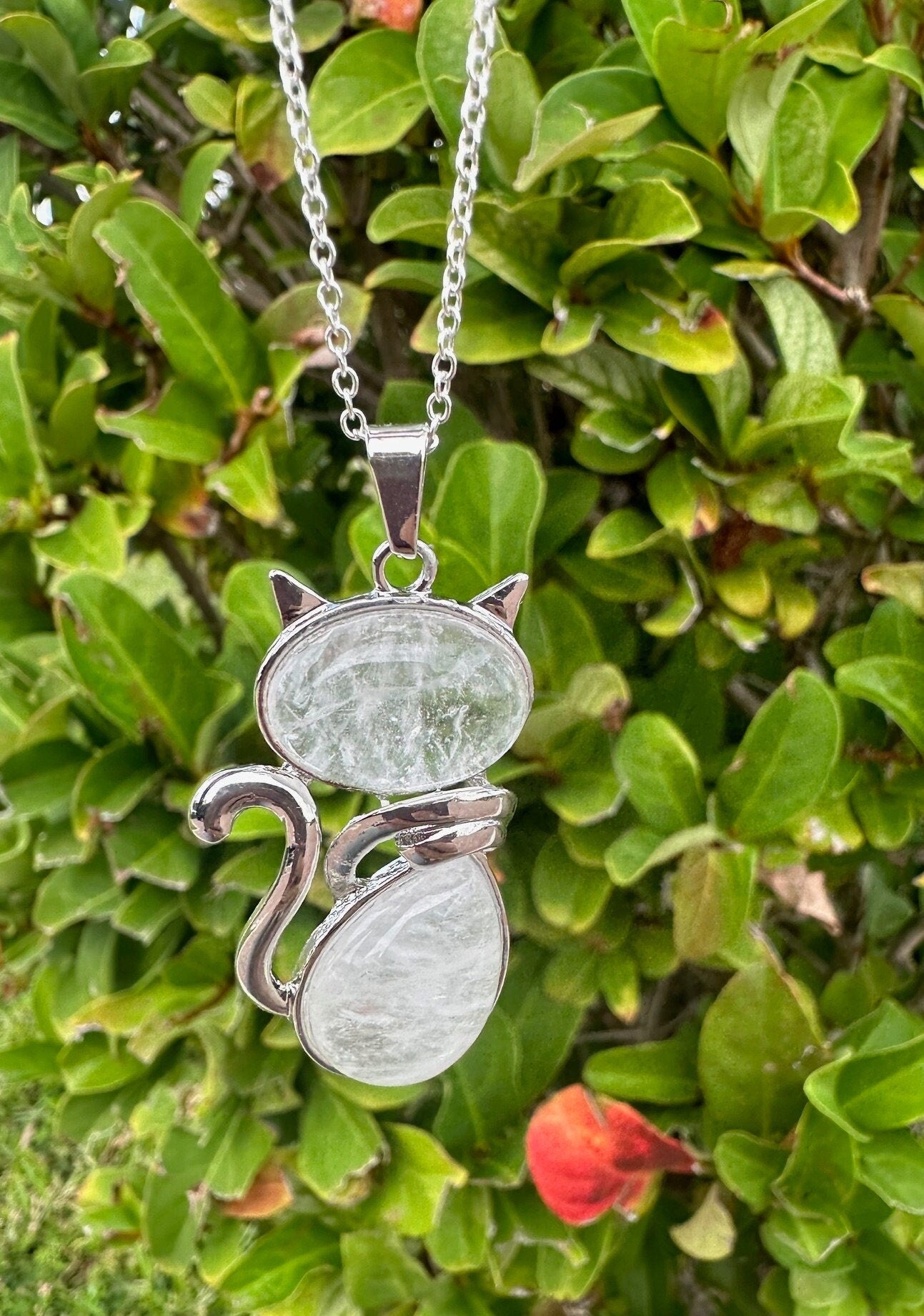 Large Clear Quartz Cat Pendant Necklace