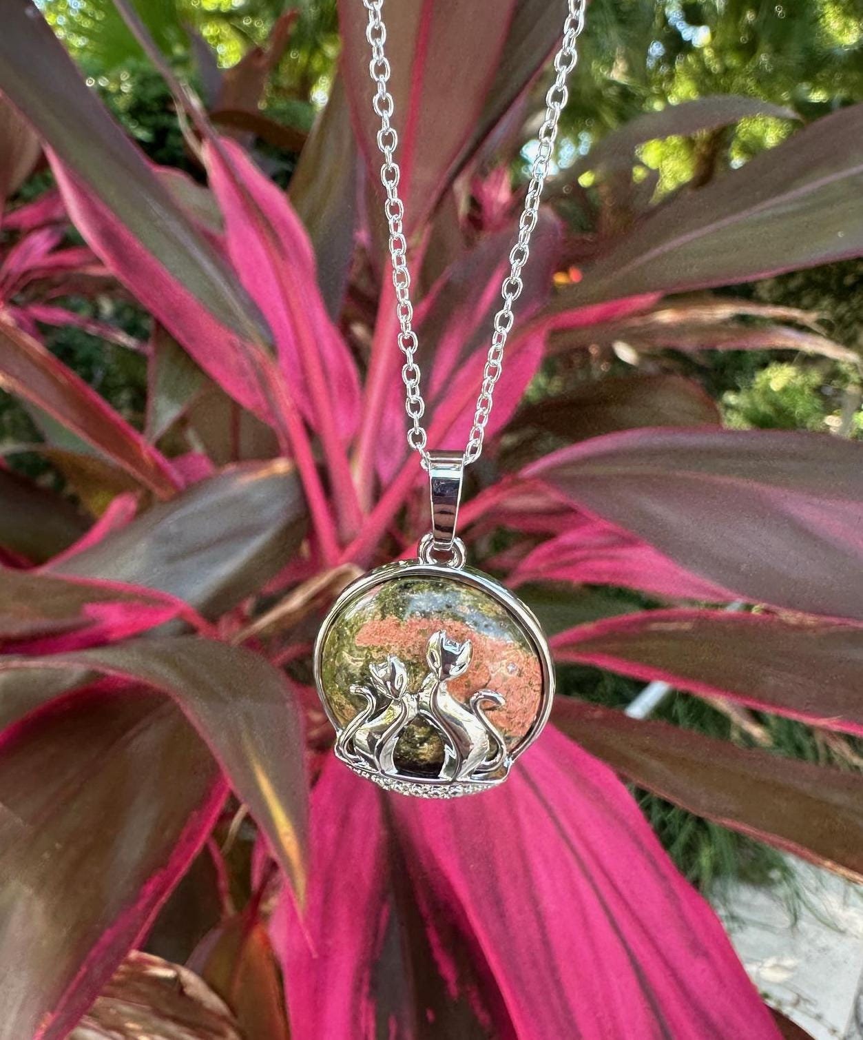 Unakite Cat Love Pendant Necklace
