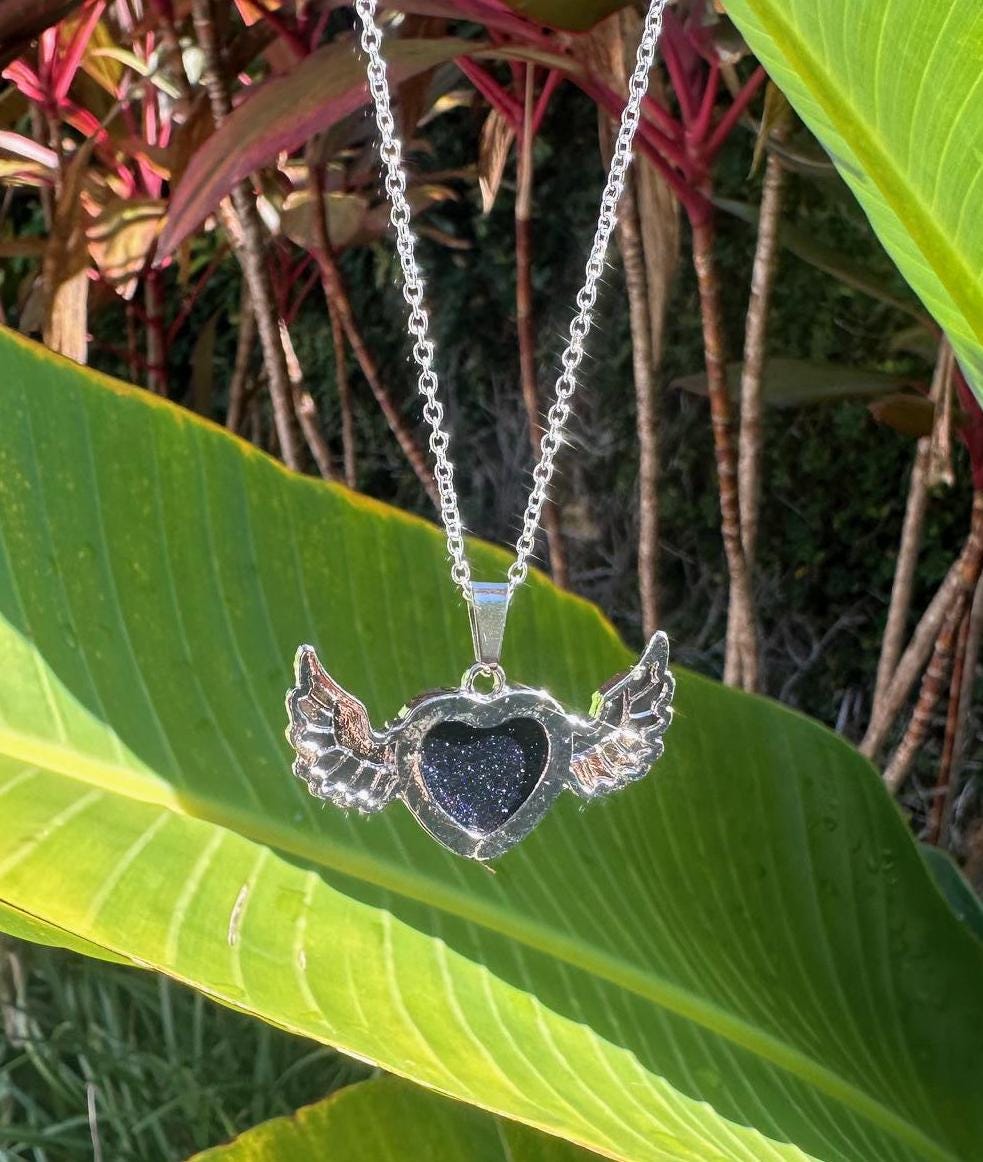 Blue Goldstone Wings Pendant Necklace