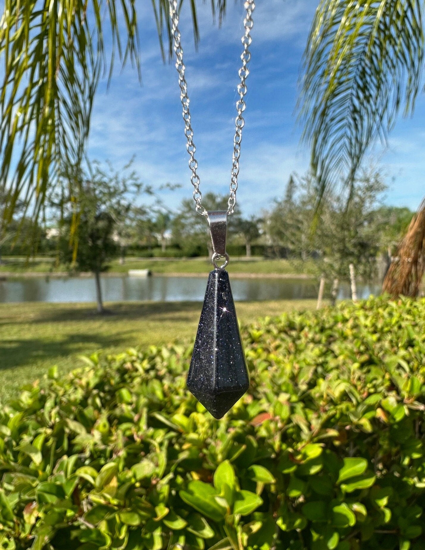 Blue Goldstone Hexagon Pendant Necklace