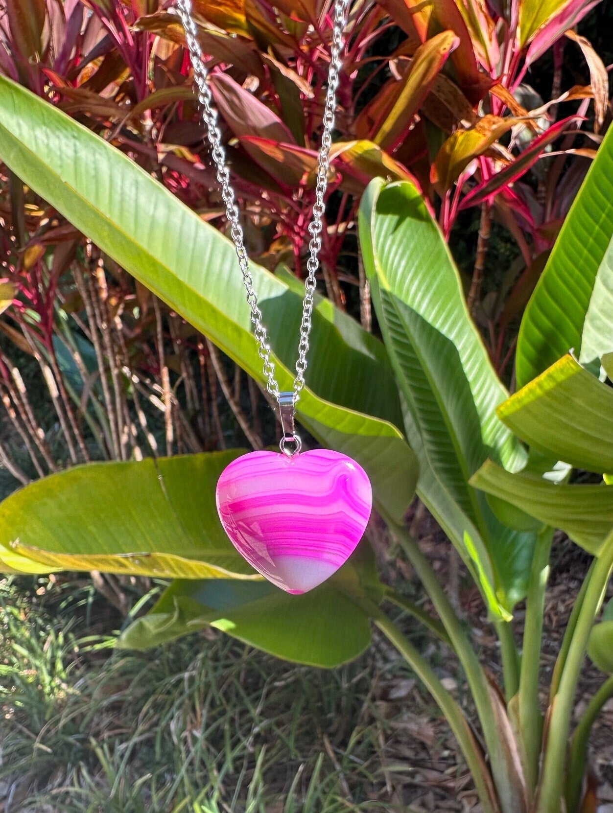 Pink Stripe Agate Heart Pendant Necklace