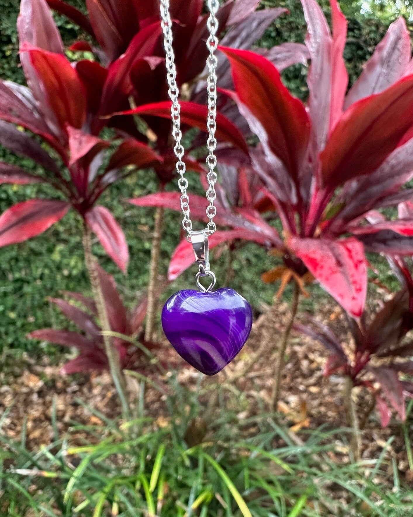 Purple Agate Heart Pendant Necklace