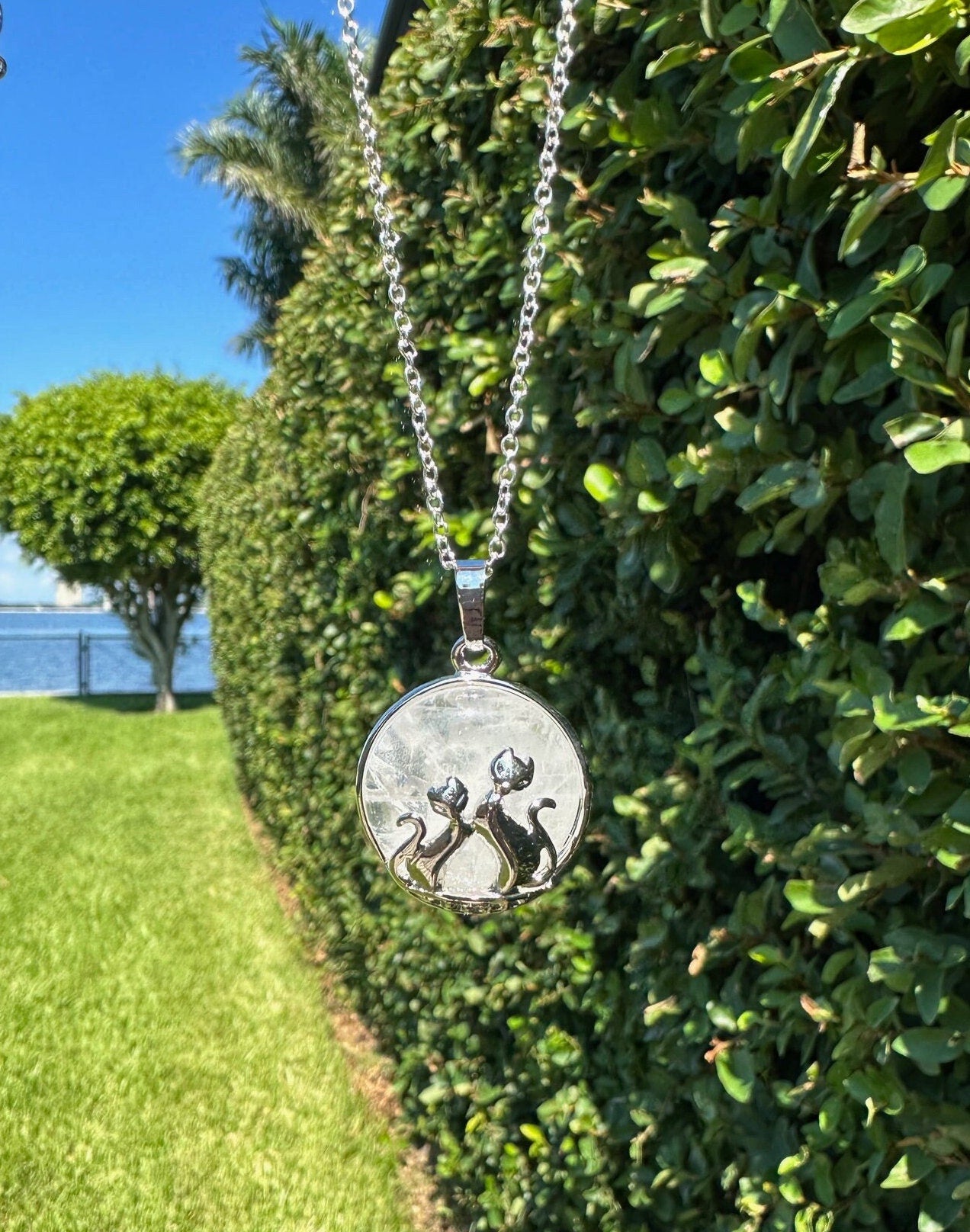 Clear Quartz Cat Love Pendant Necklace