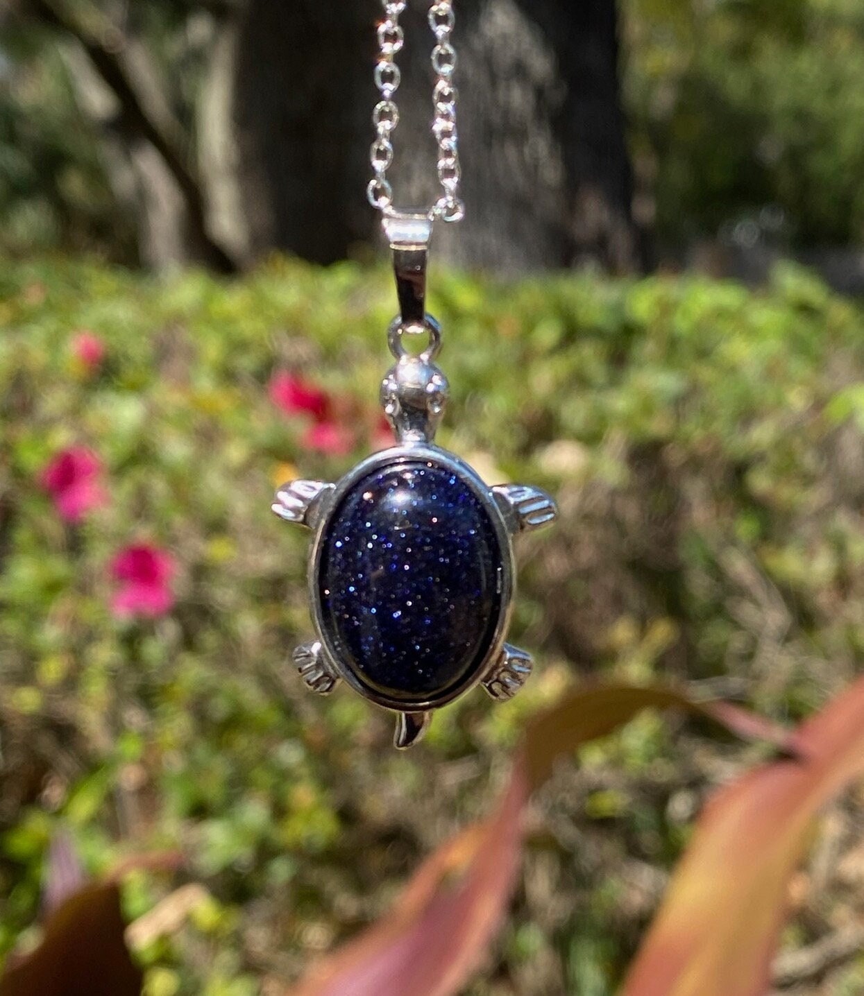 Blue Goldstone Turtle Pendant Necklace