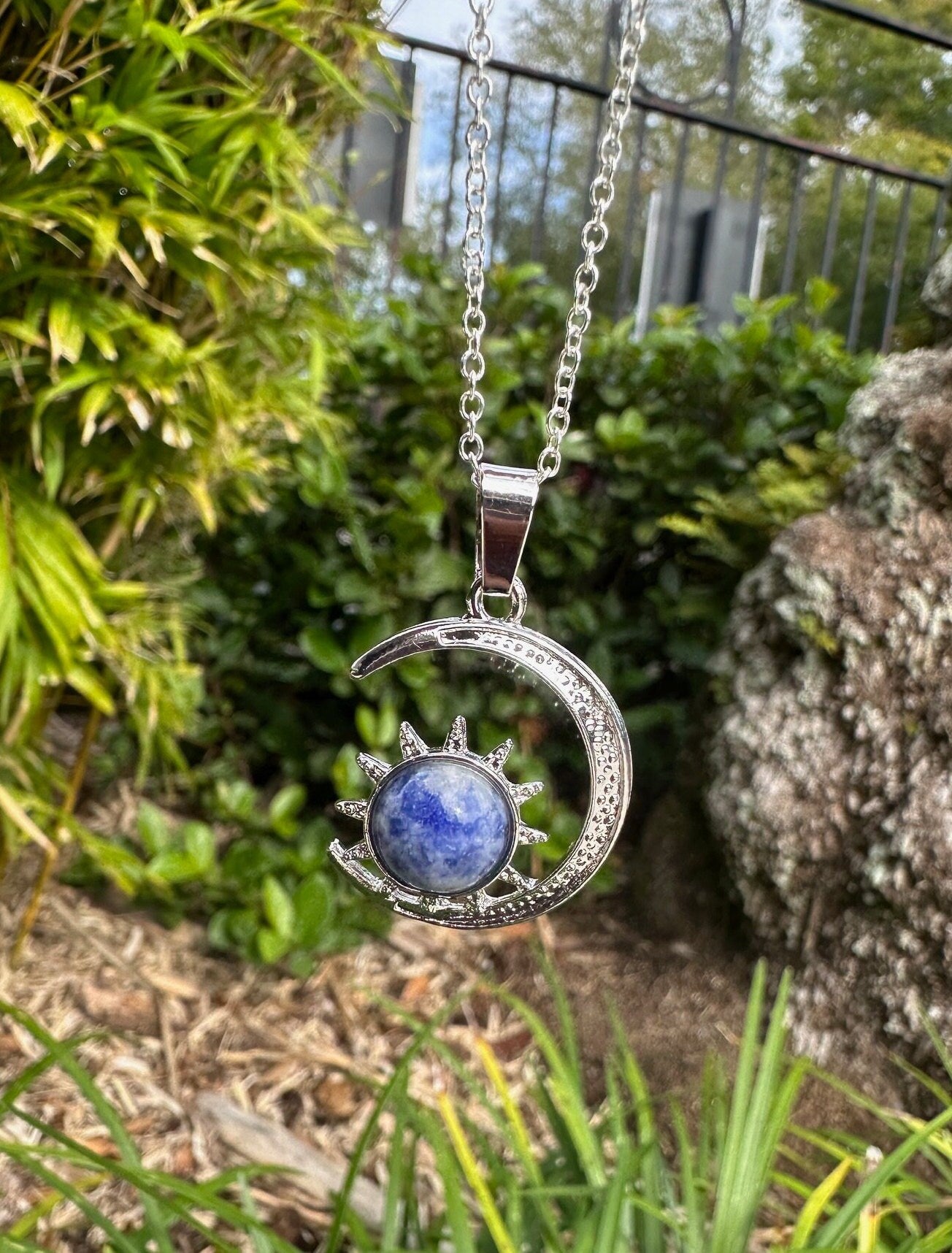 Blue Spot Jasper Crescent Sun Pendant Necklace