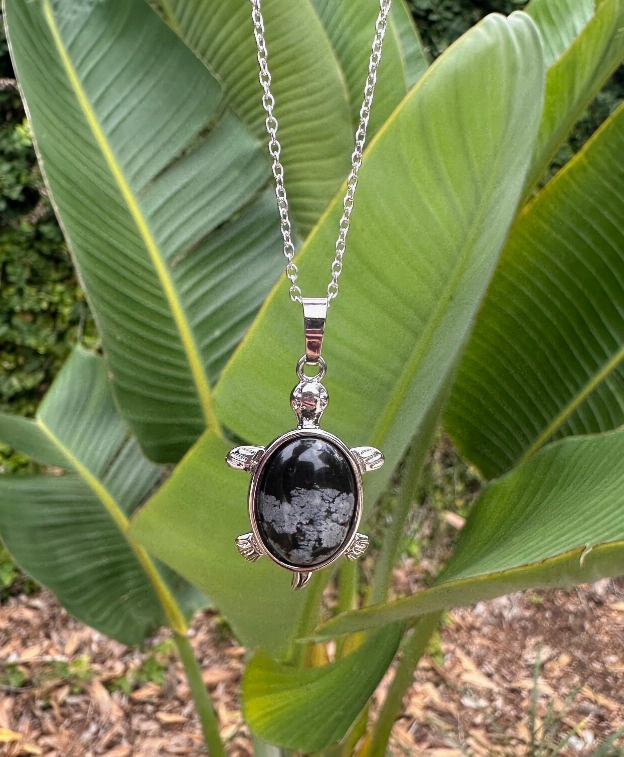 Snowflake Obsidian Turtle Necklace
