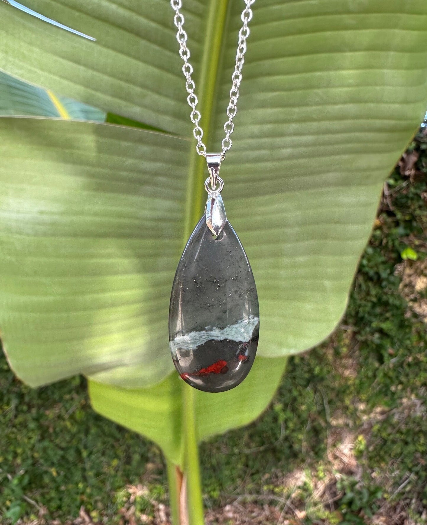 African Bloodstone Teardrop Pendant Necklace