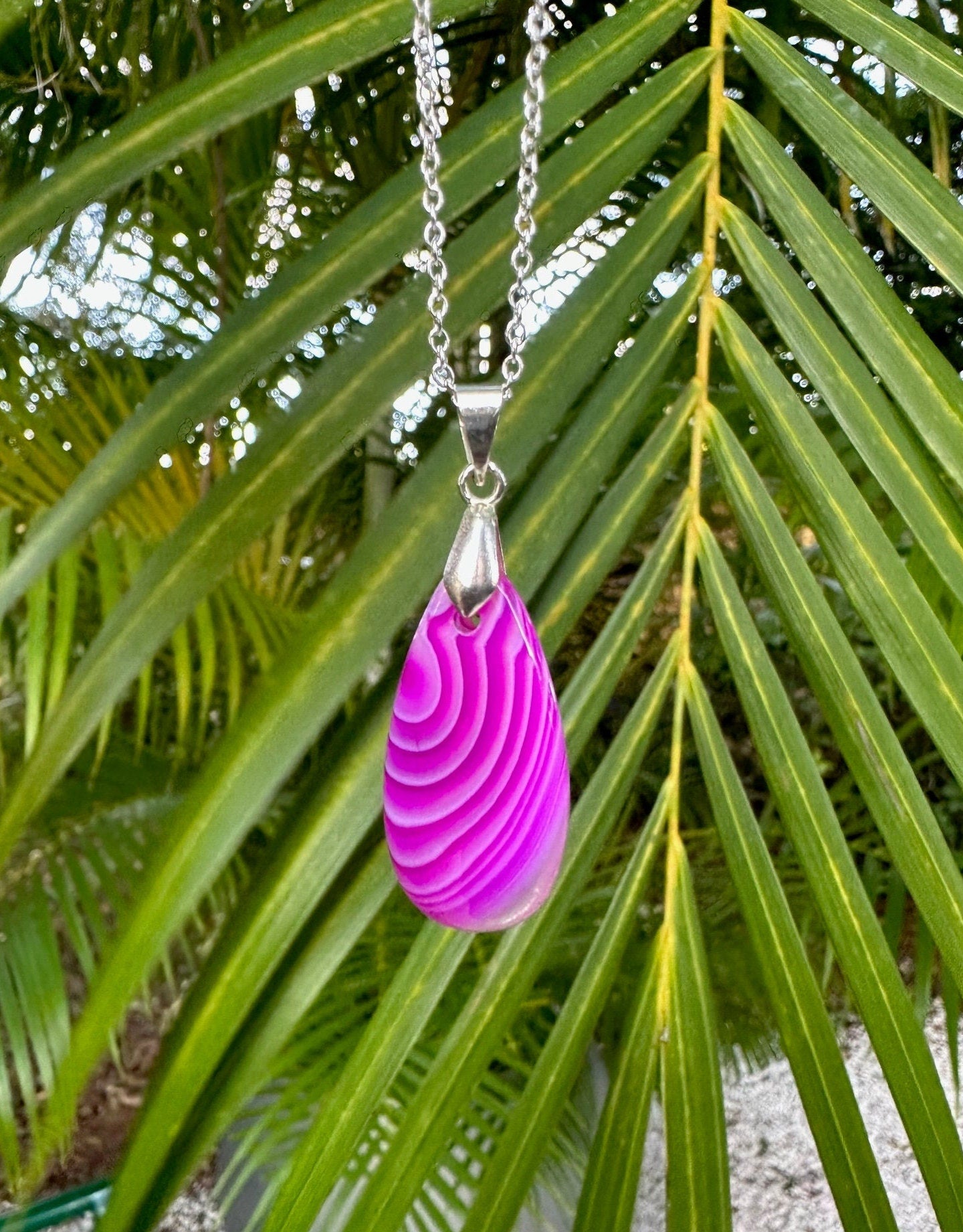 Pink Stripe Agate Teardrop Pendant Necklace