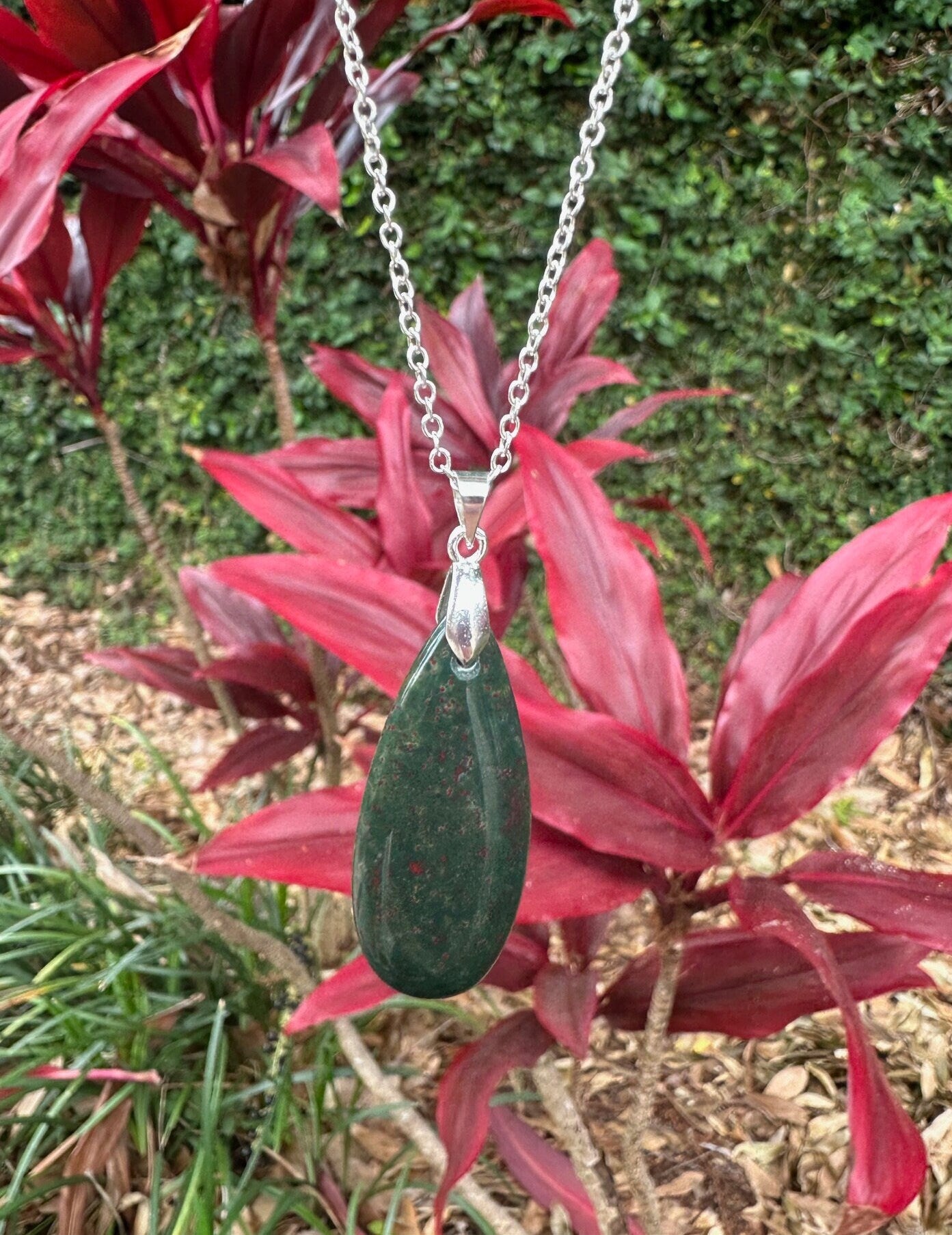Indian Bloodstone Teardrop Pendant Necklace