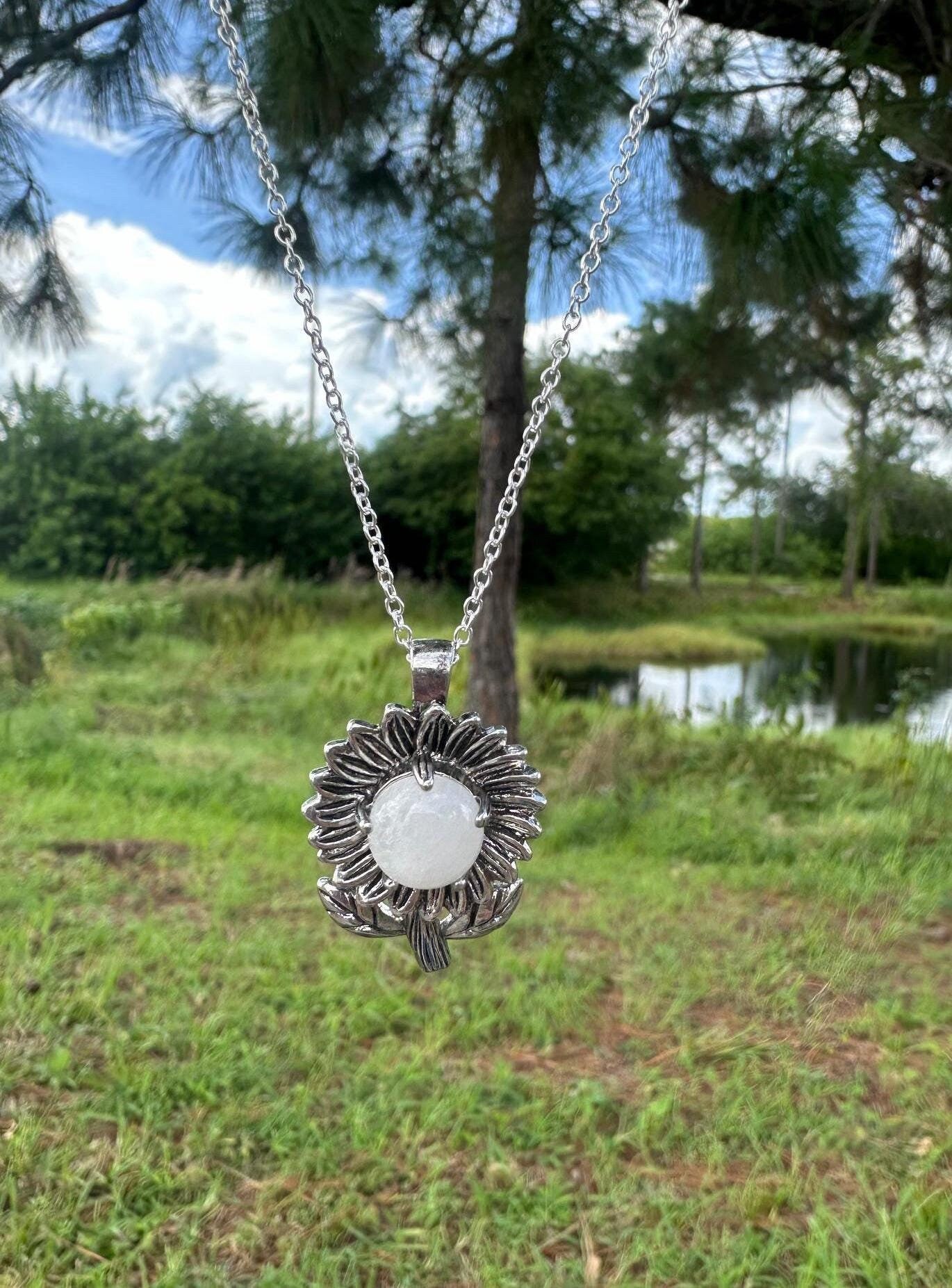 Clear Quartz Sunflower Pendant Necklace