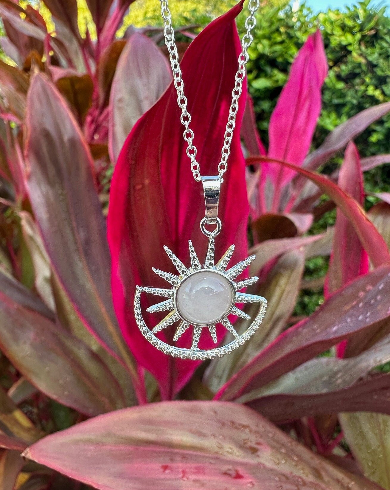 Rose Quartz Sun Moon Pendant Necklace