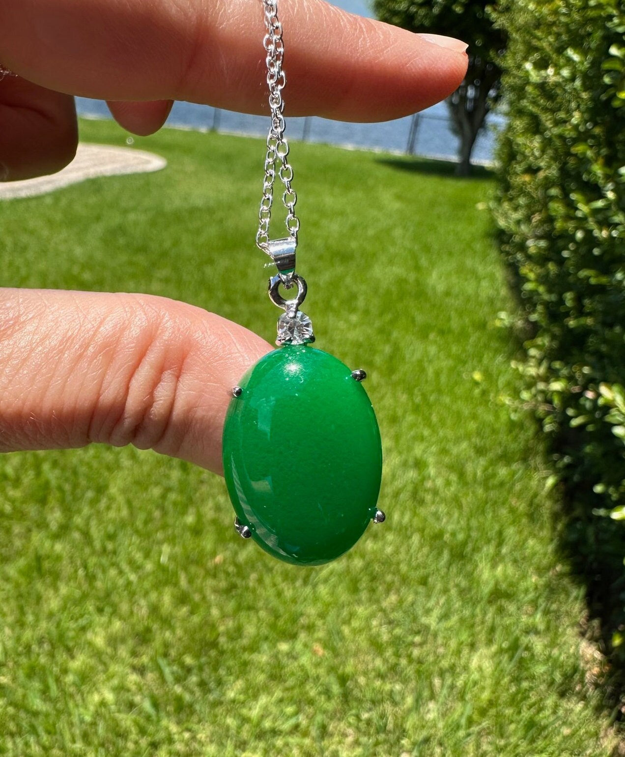 Green Jade Oval Pendant Dyed Green Jade Oval Pendant Man Made Encased Necklace