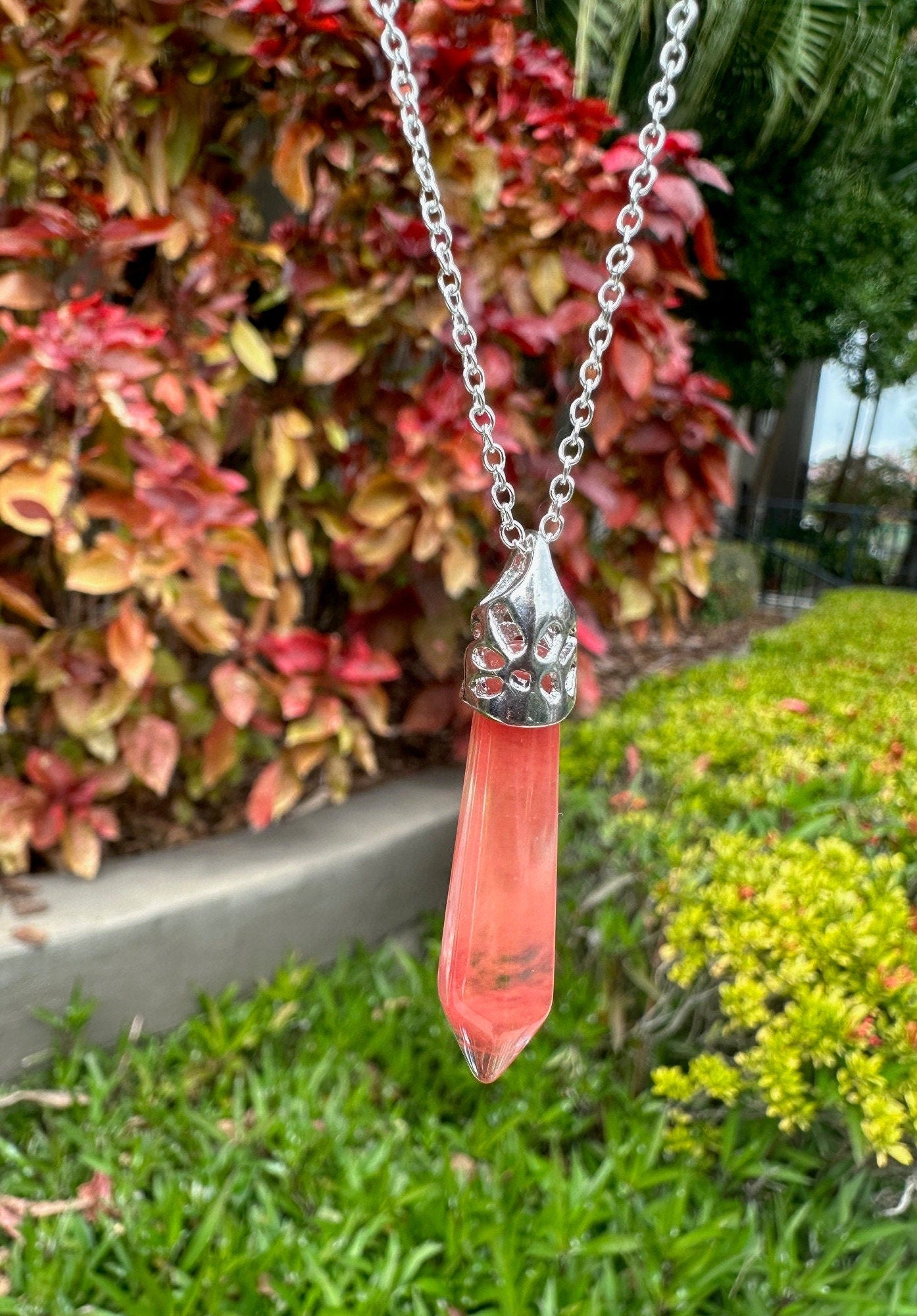 Cherry Quartz Thin Hexagon Pendant Necklace
