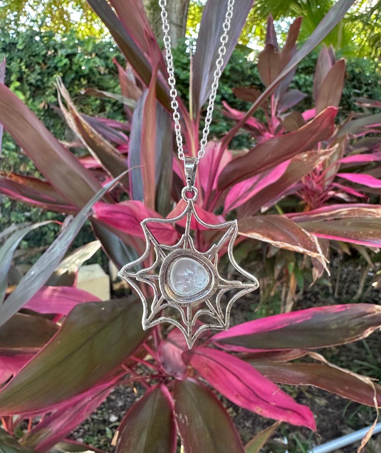 Clear Quartz Spider Web Pendant Necklace