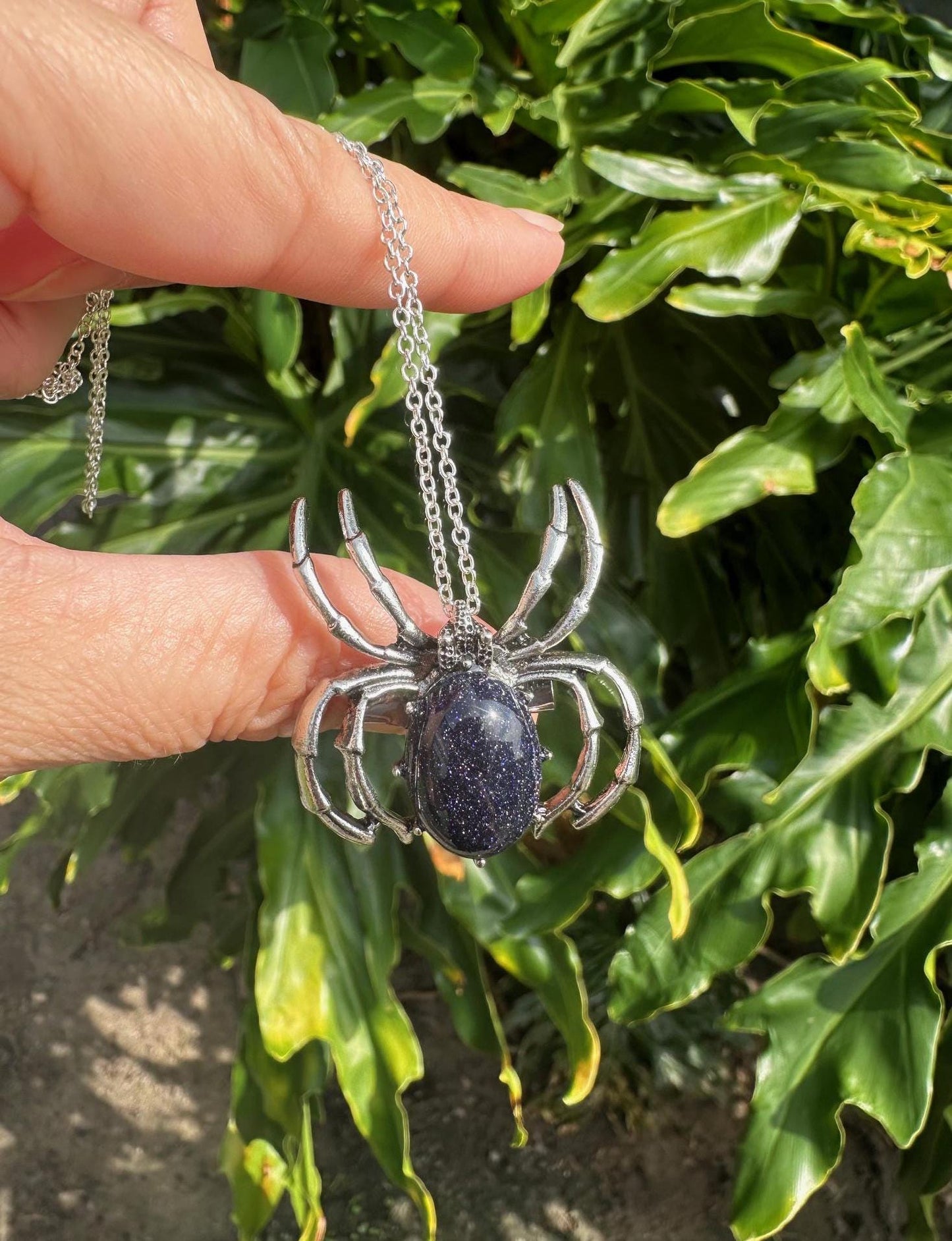Blue Goldstone Spider Brooch Necklace