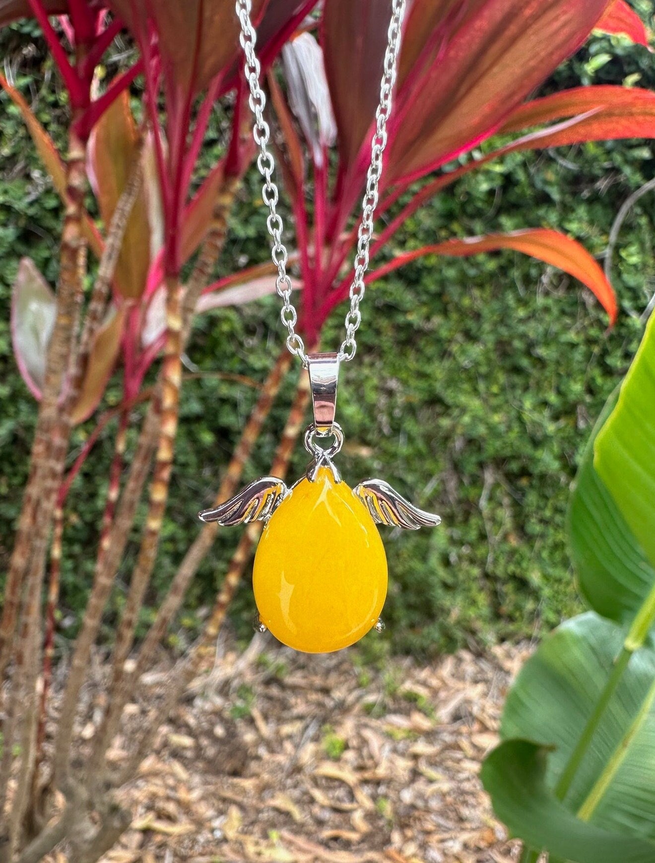 Dyed Yellow Jade Angelic Egg Pendant Necklace
