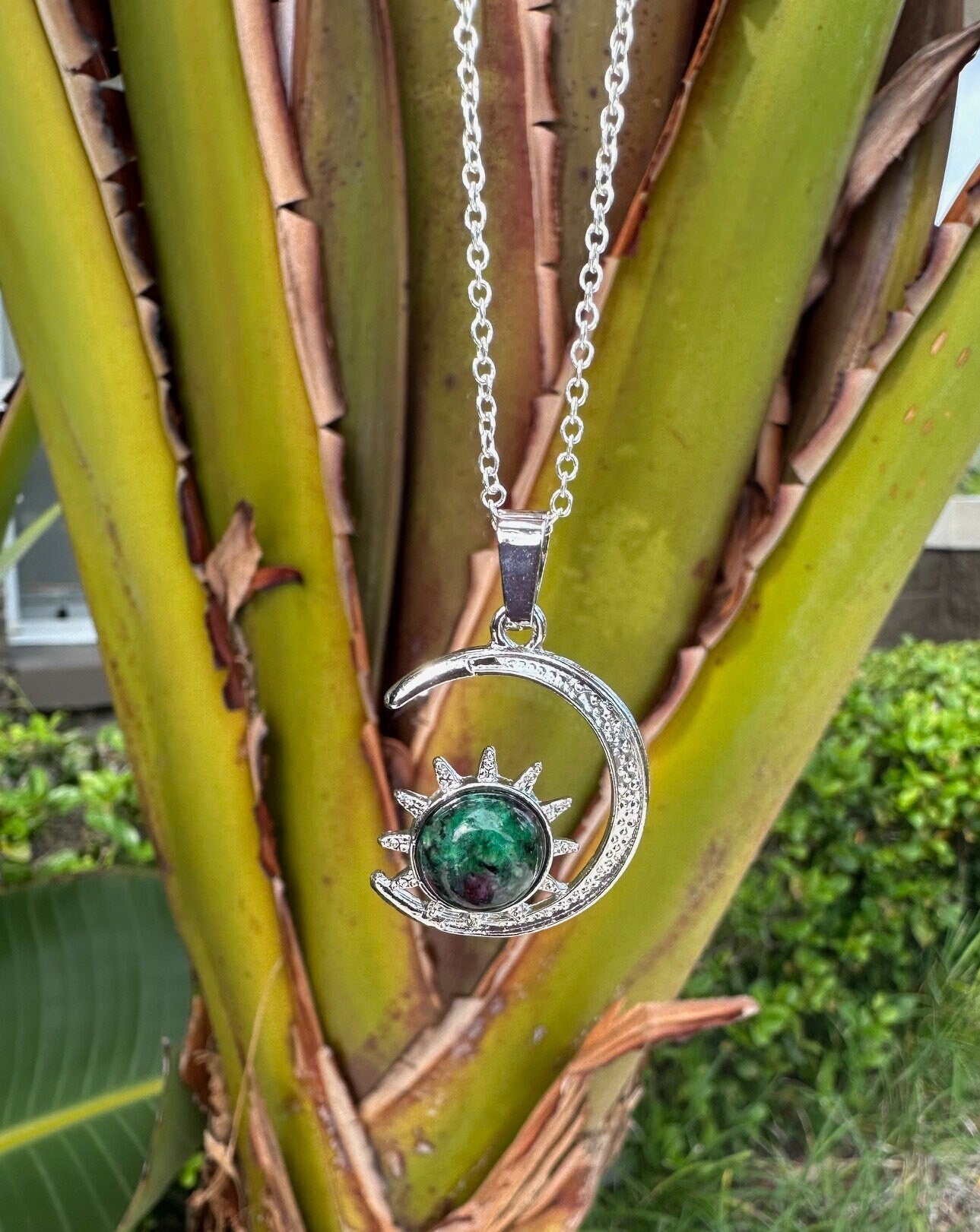 Ruby Zoisite Crescent Sun Pendant Necklace