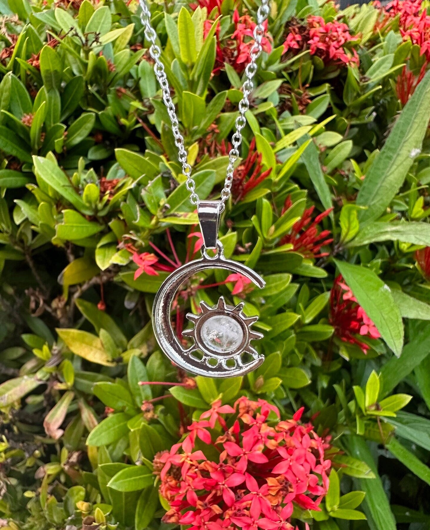 Clear Quartz Crescent Sun Pendant Necklace