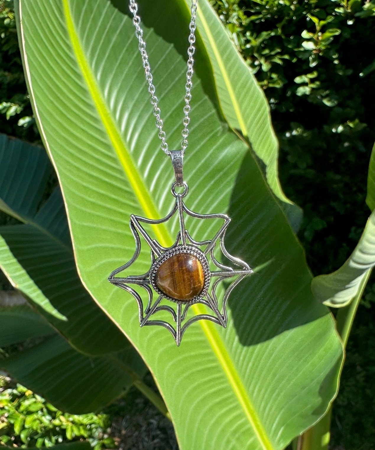 Tiger Eye Spider Web Pendant Necklace