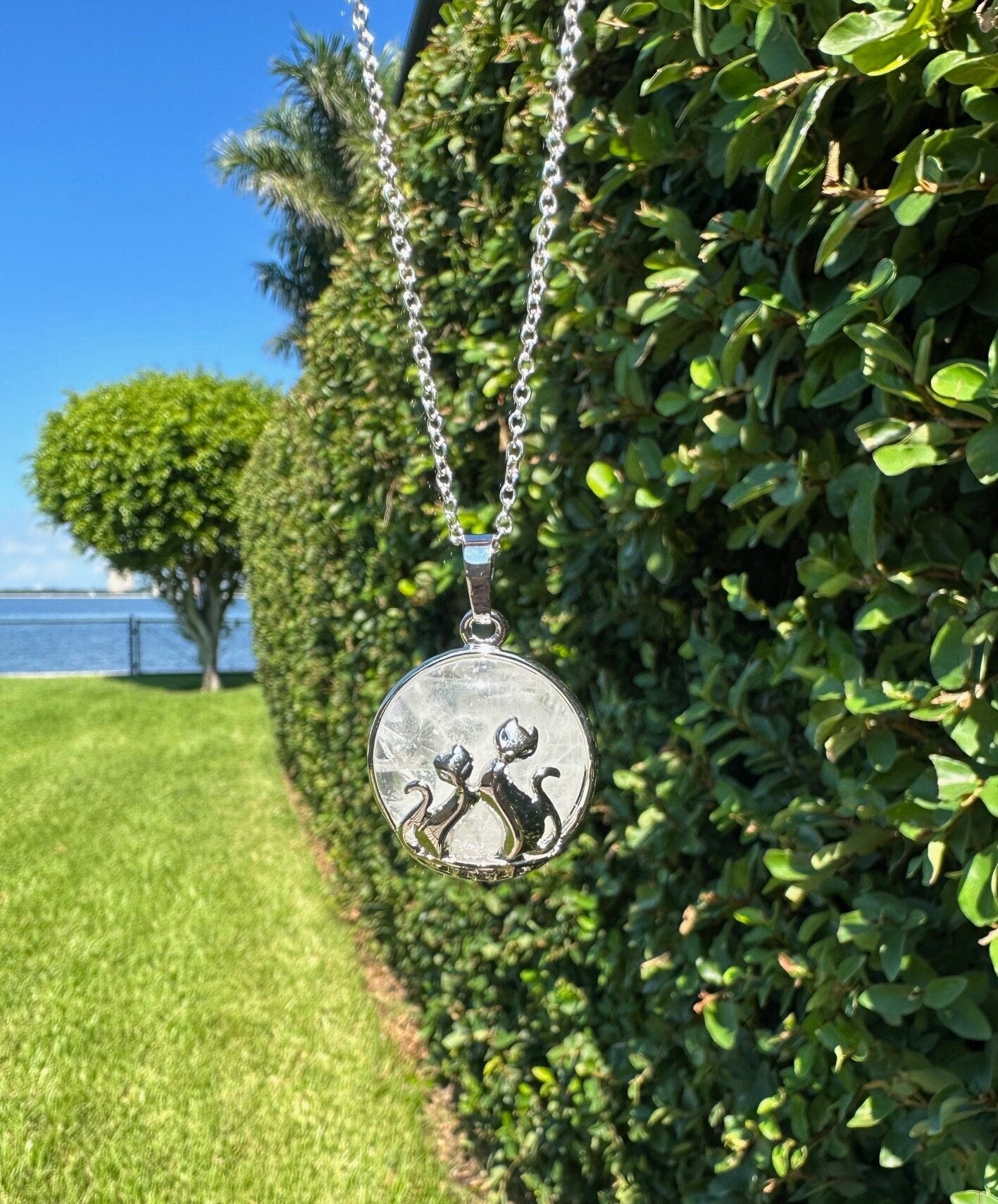 Clear Quartz Cat Love Pendant Necklace