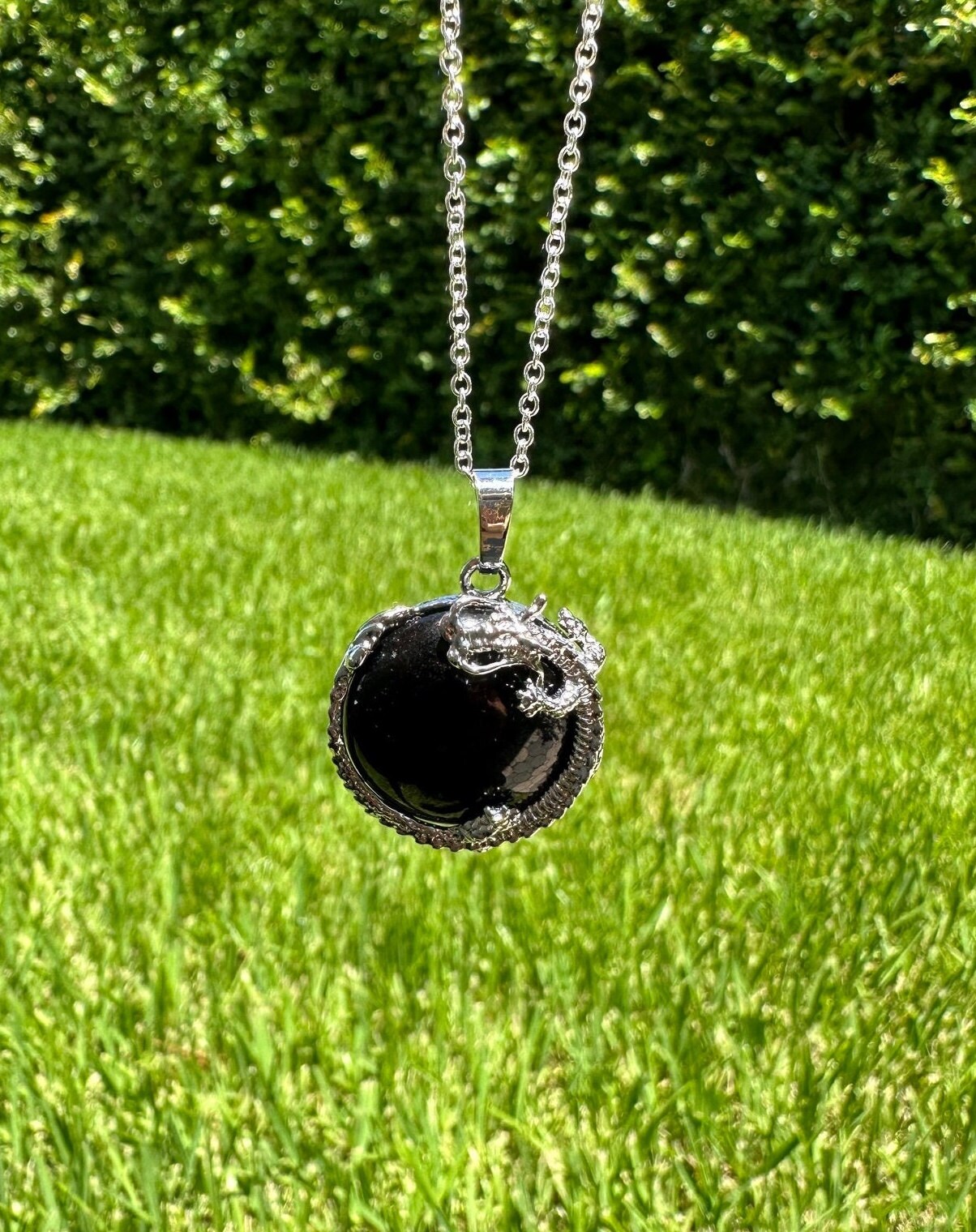 Obsidian Dragon Flat Pendant Necklace