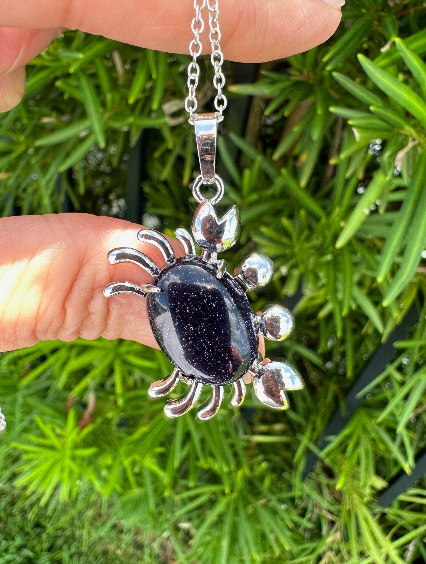 Blue Goldstone Crab Pendant Necklace
