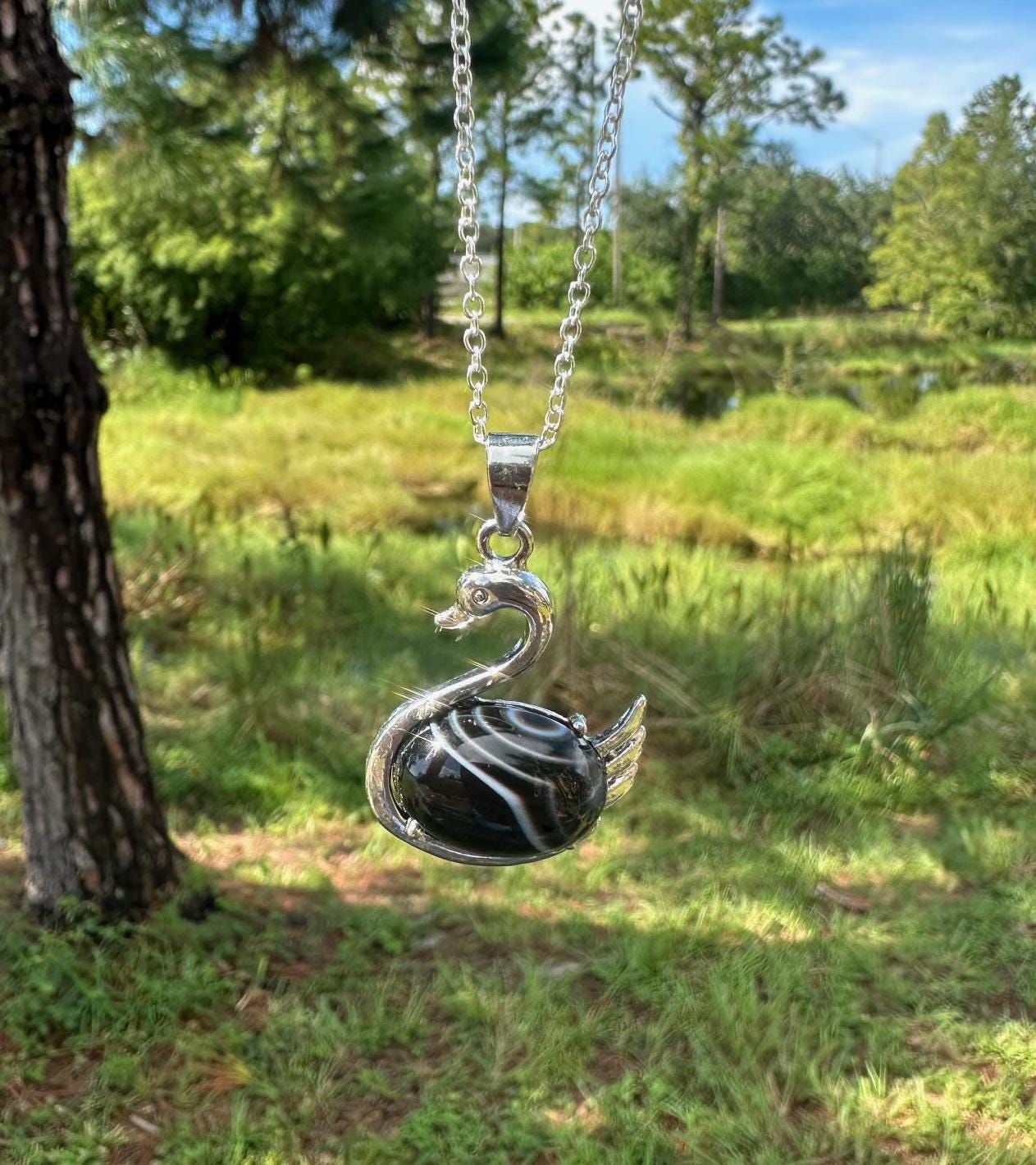 Black Stripes Agate Swan Necklace
