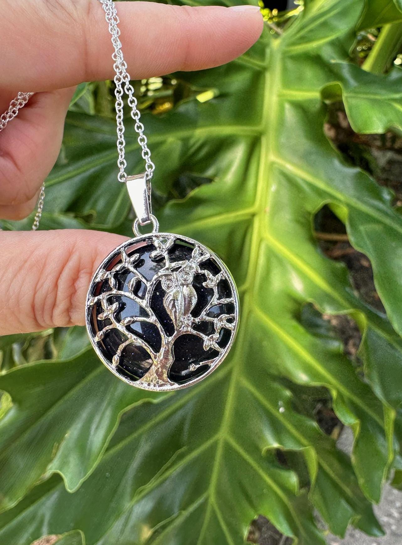 Blue Goldstone Owl Necklace