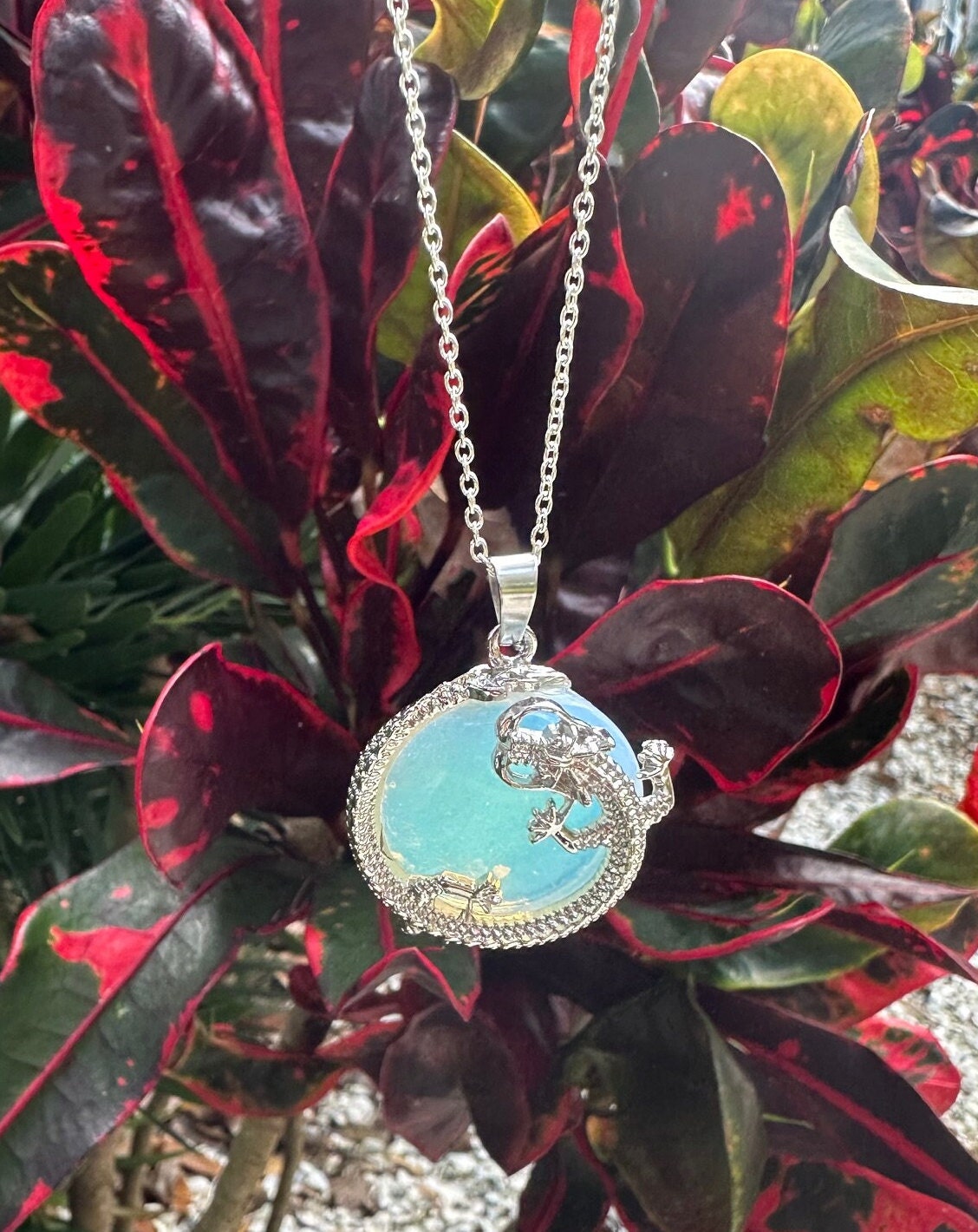 Opalite Dragon Flat Pendant Necklace