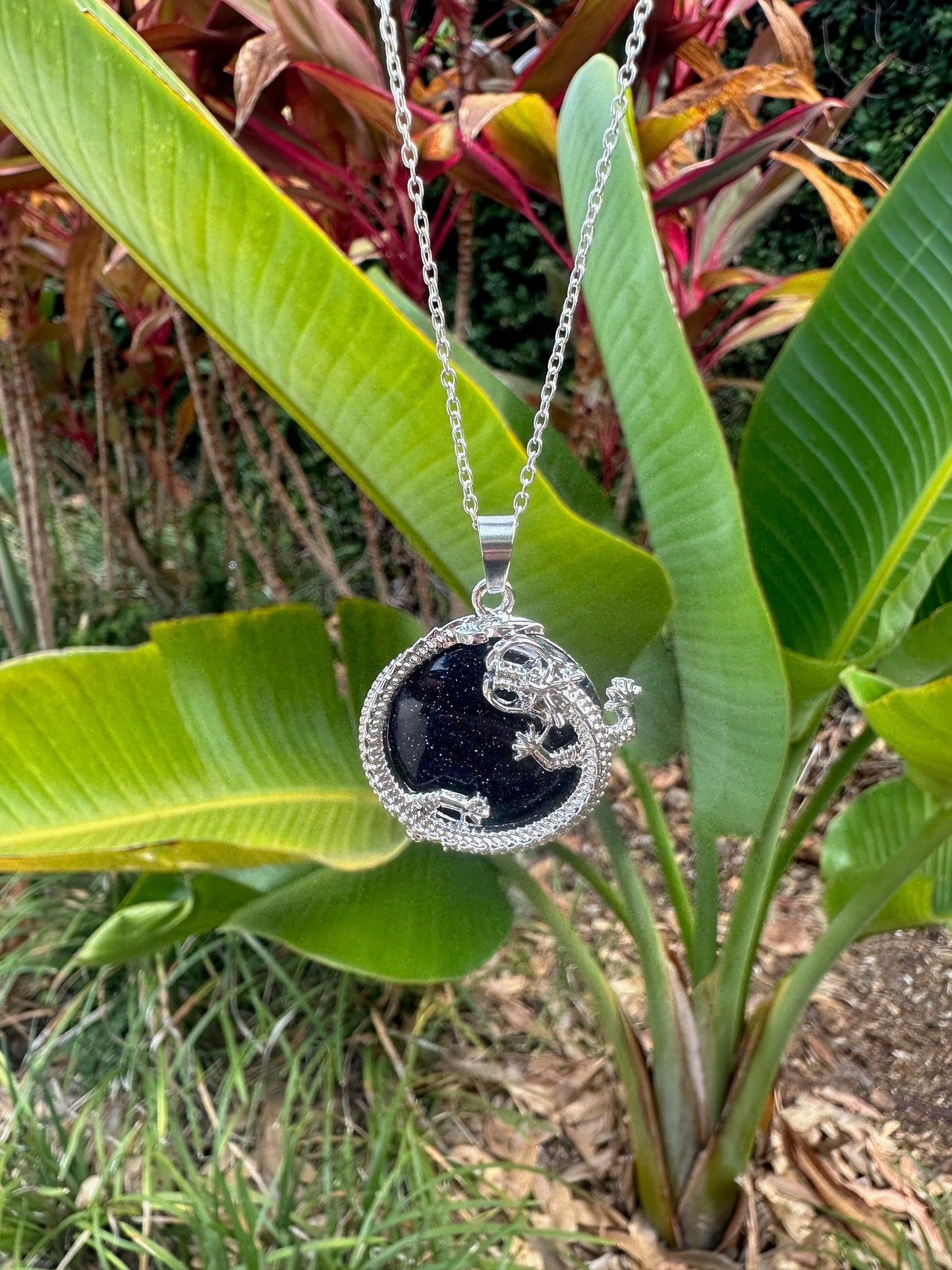 Blue Goldstone Dragon Flat Pendant Necklace