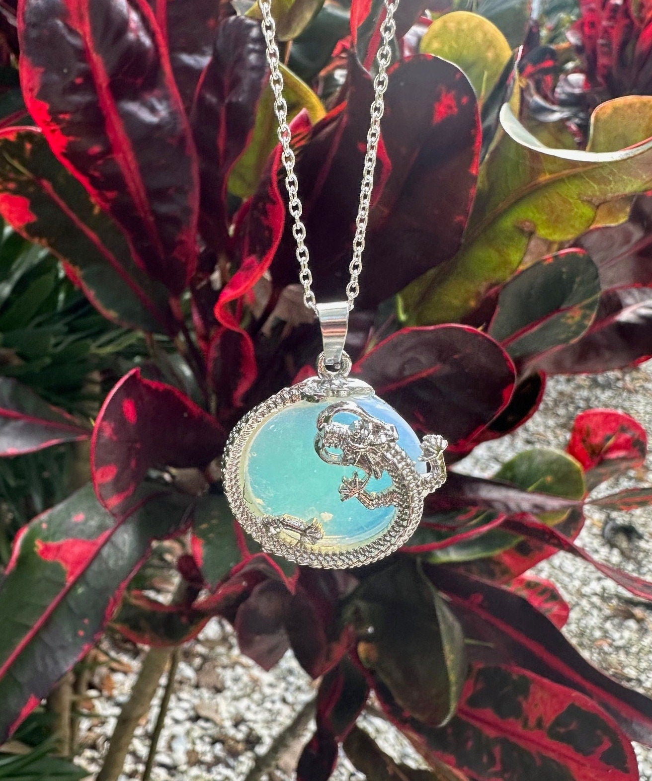 Opalite Dragon Flat Pendant Necklace