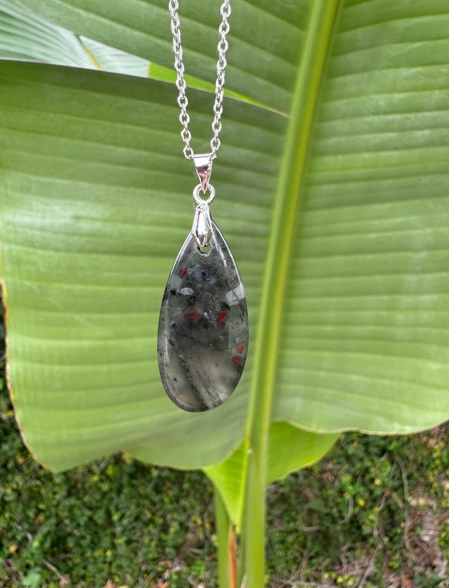African Bloodstone Teardrop Pendant Necklace