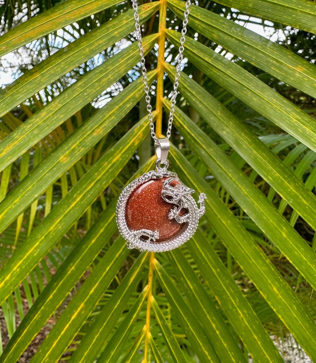 Goldstone Dragon Flat Pendant Necklace