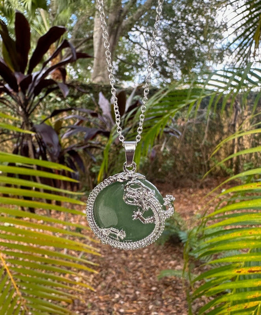 Green Aventurine Dragon Flat Pendant Necklace