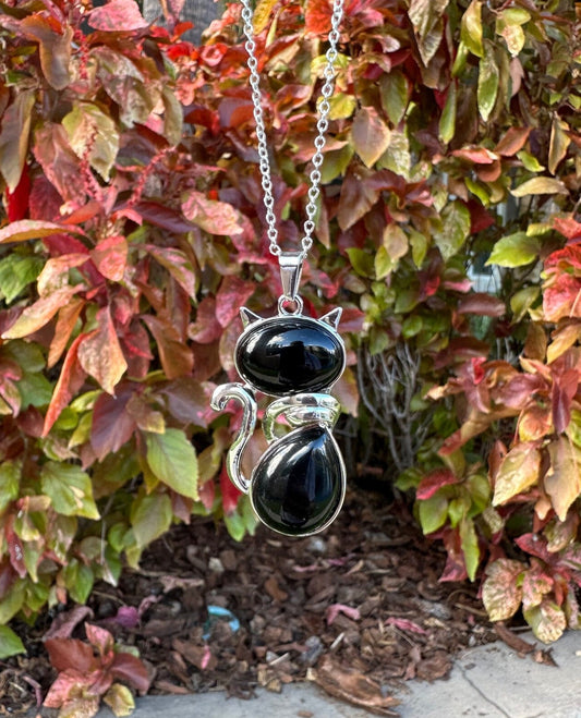 Large Obsidian Cat Pendant Necklace