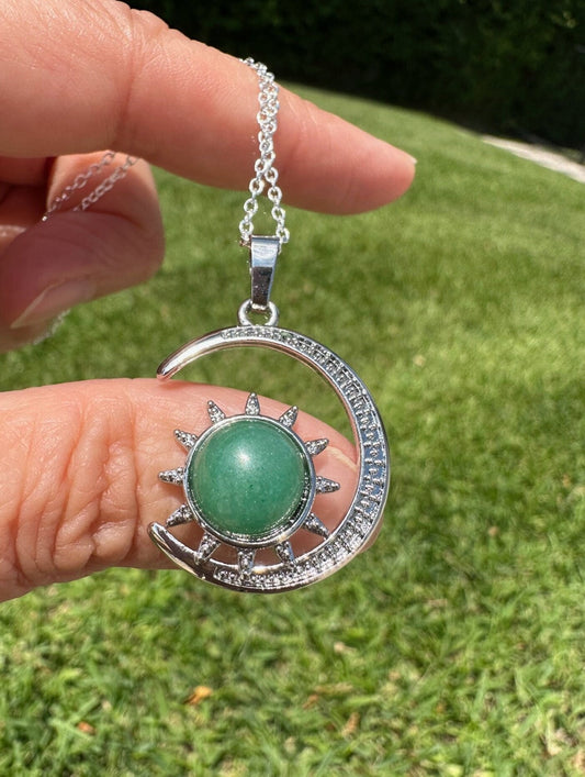 Green Aventurine Crescent Sun Pendant Necklace