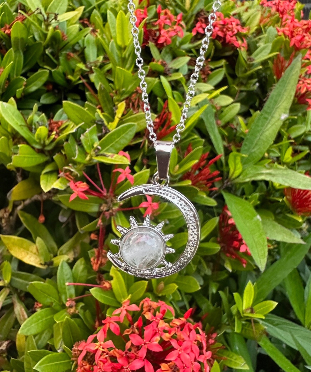 Clear Quartz Crescent Sun Pendant Necklace