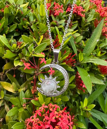 Clear Quartz Crescent Sun Pendant Necklace