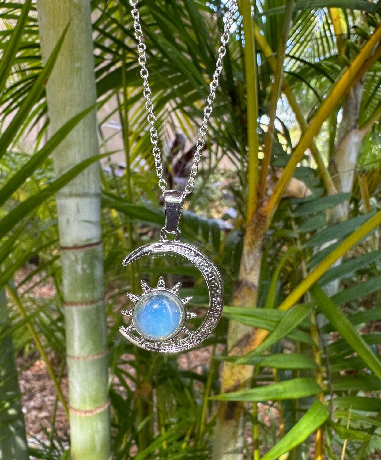 Opalite Crescent Sun Pendant Opalite Necklace Man Made Encased Crystal